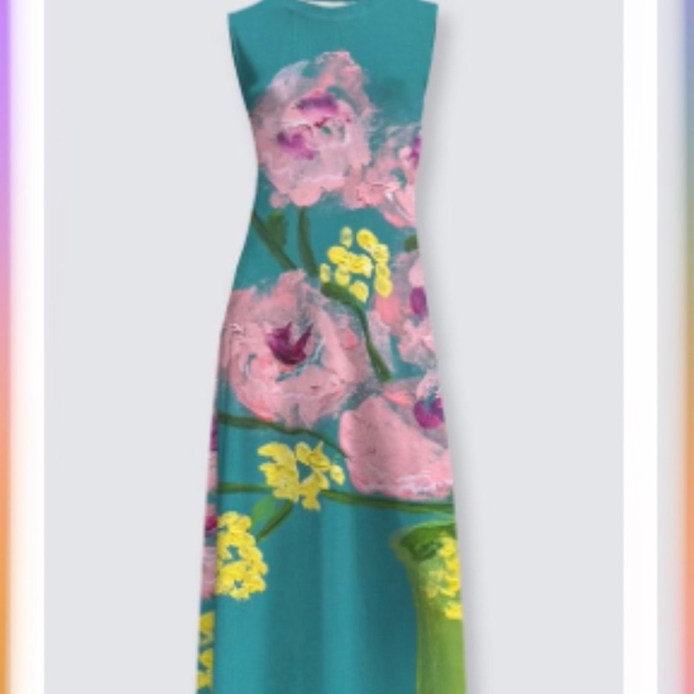 Sleeveless Teal Floral Maxi Dress with Pink & Yellow “Peonies”